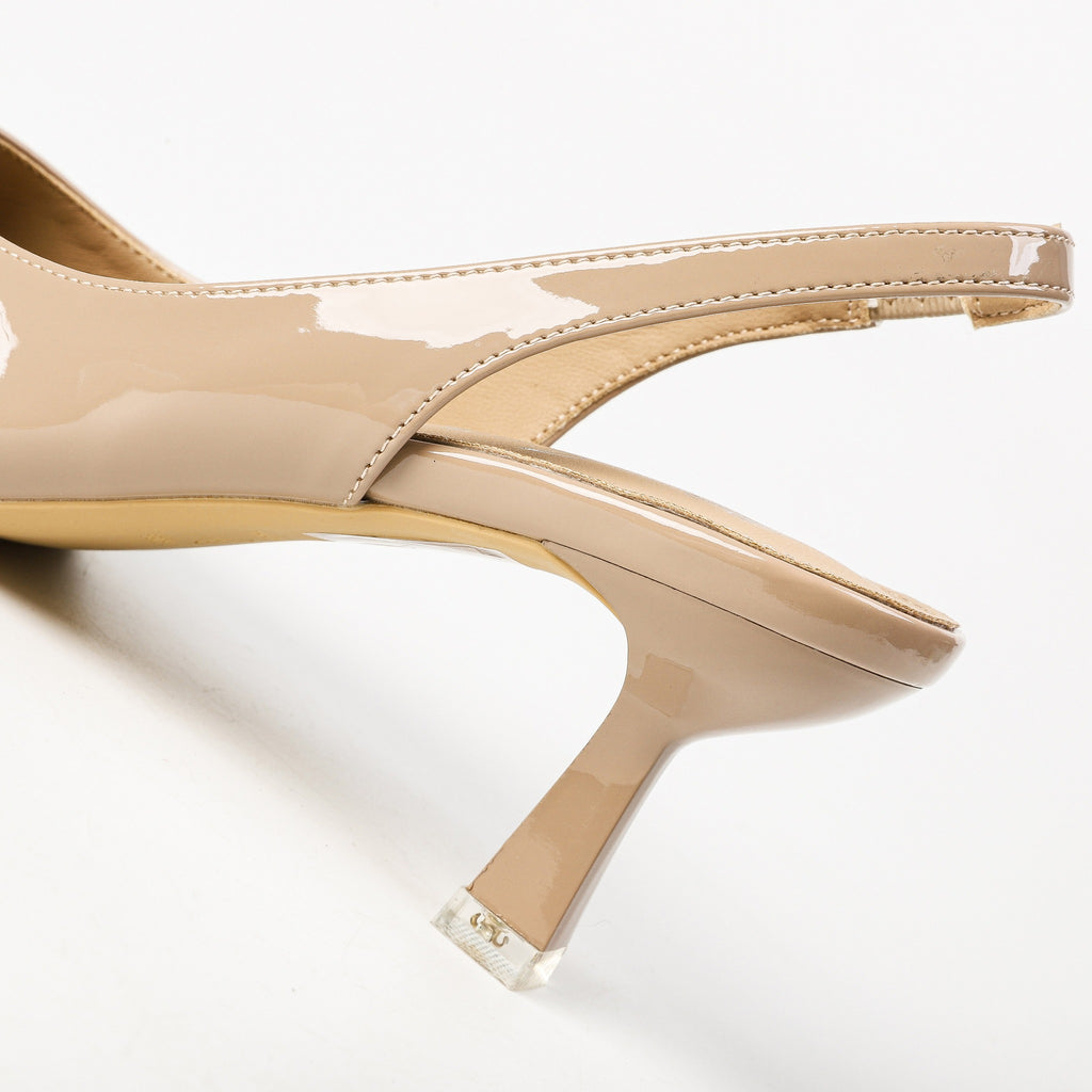Khaki slingback heel back strap and heel close-up