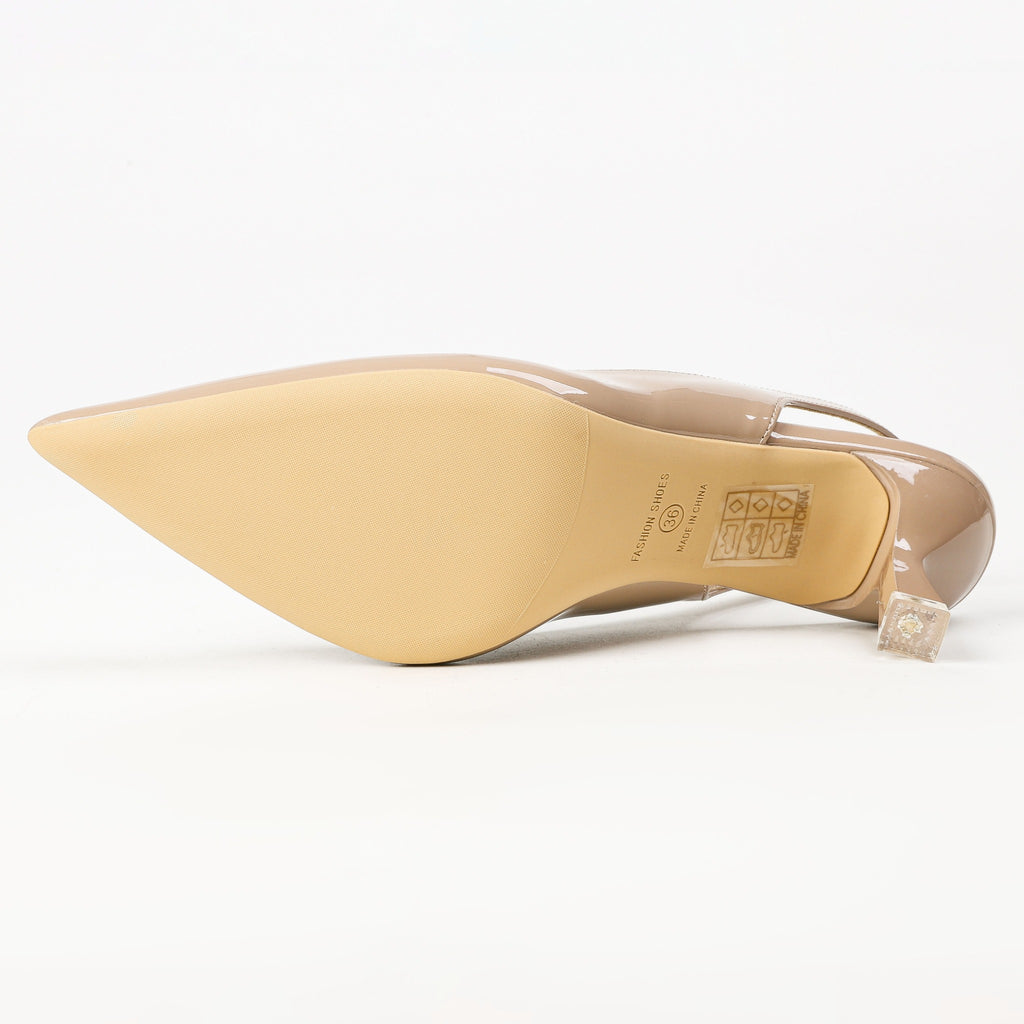 Khaki pointed-toe slingback heel outsole view