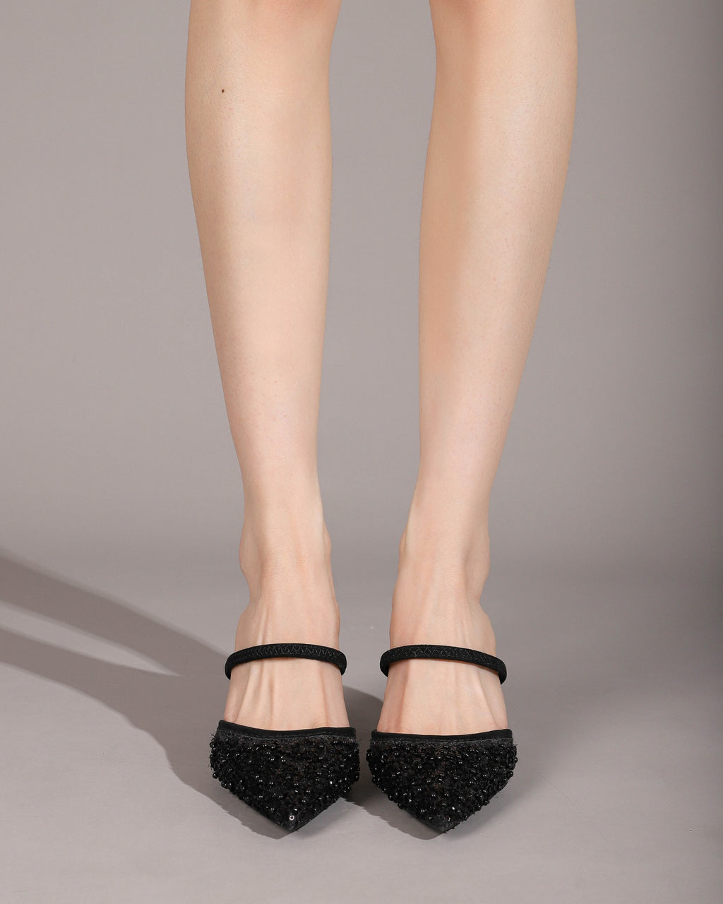 Pointed-Toe Beaded Mesh Strap Heeled Mules
