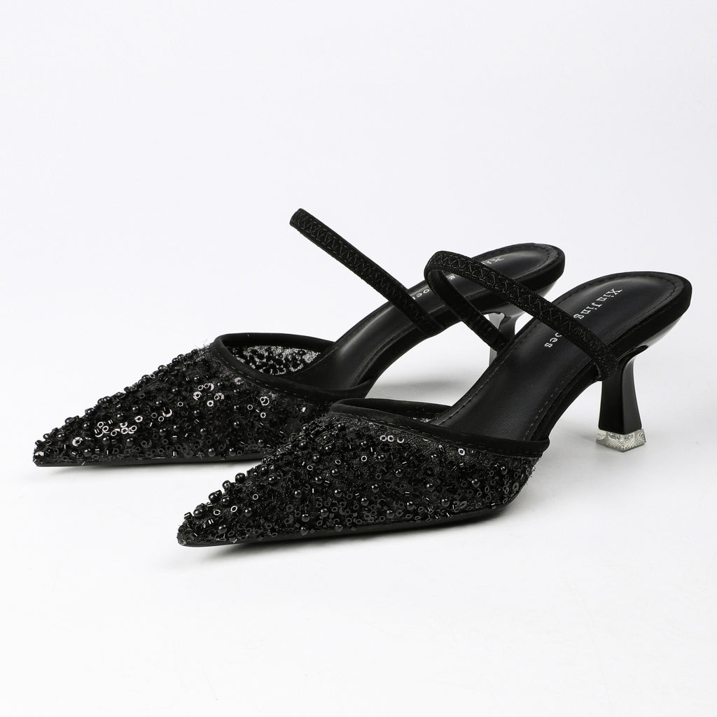 Pointed-Toe Beaded Mesh Strap Heeled Mules