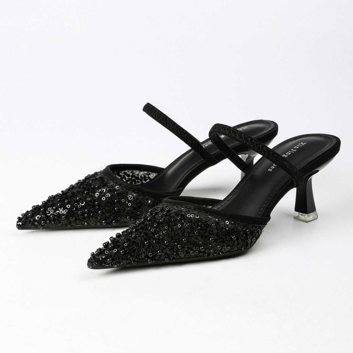 Pointed-Toe Beaded Mesh Strap Heeled Mules