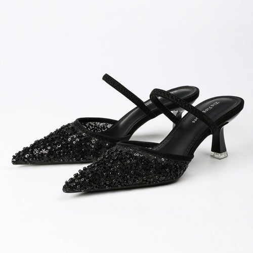 Pointed-Toe Beaded Mesh Strap Heeled Mules