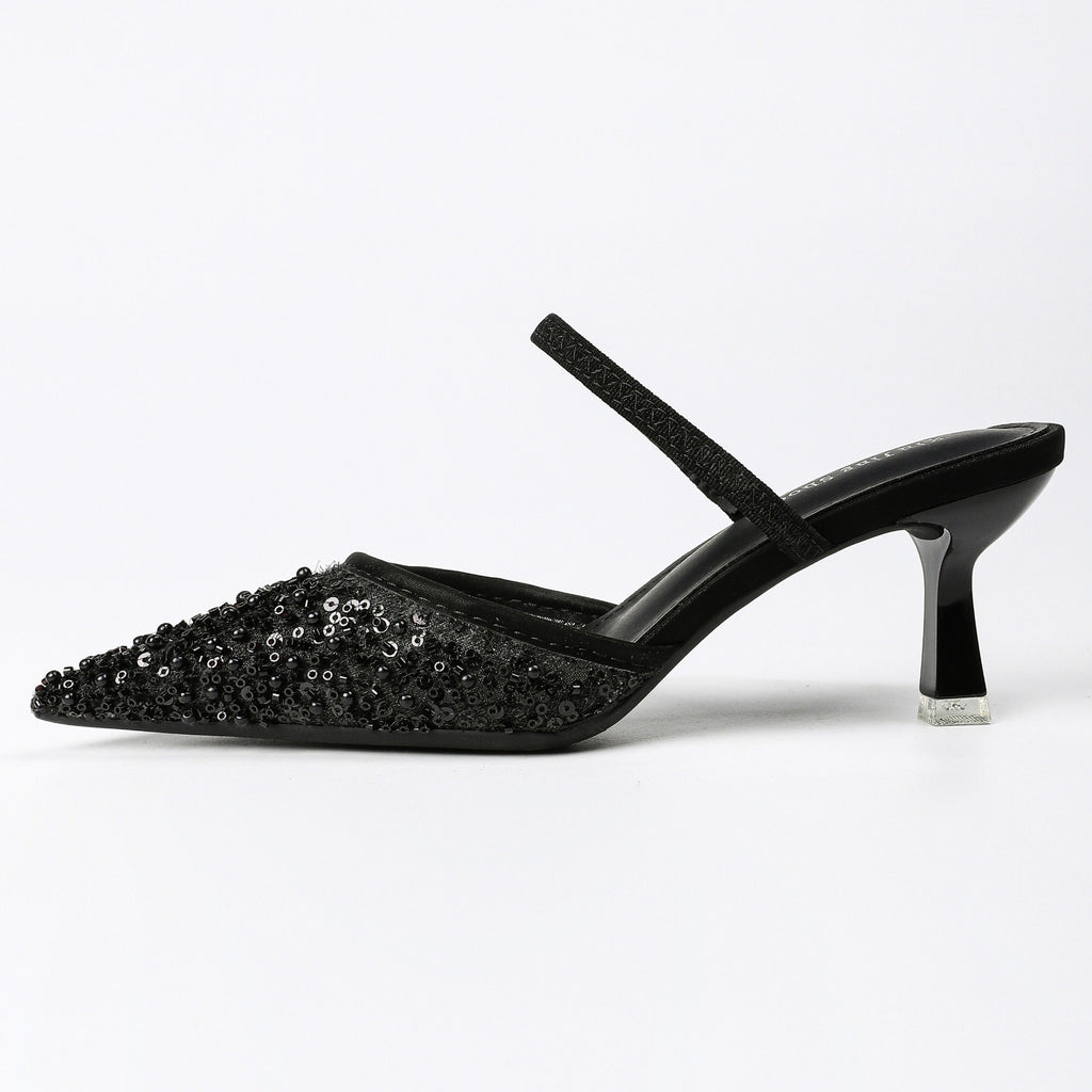 Pointed-Toe Beaded Mesh Strap Heeled Mules