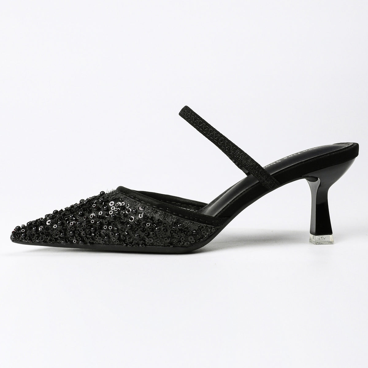 Pointed-Toe Beaded Mesh Strap Heeled Mules