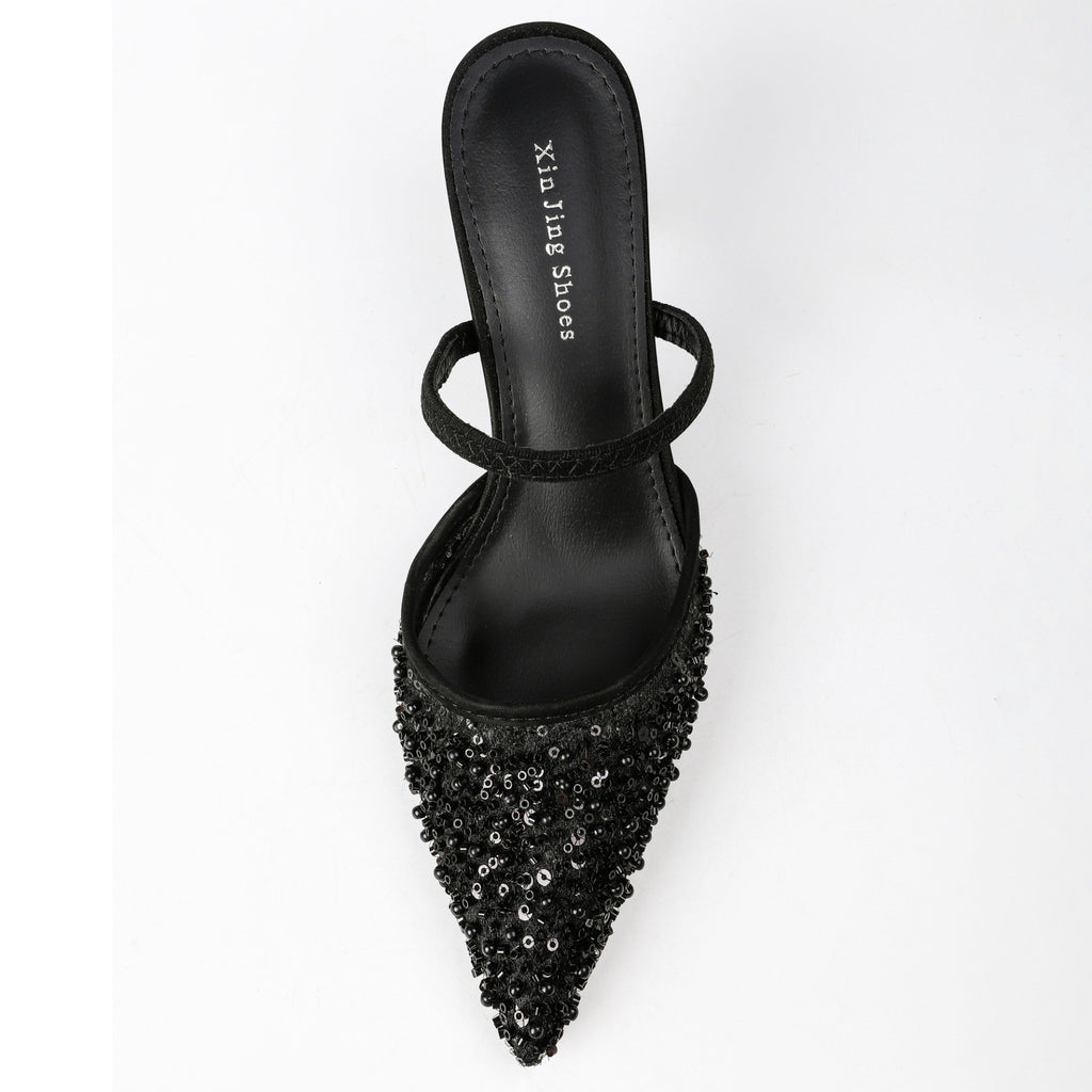 Pointed-Toe Beaded Mesh Strap Heeled Mules