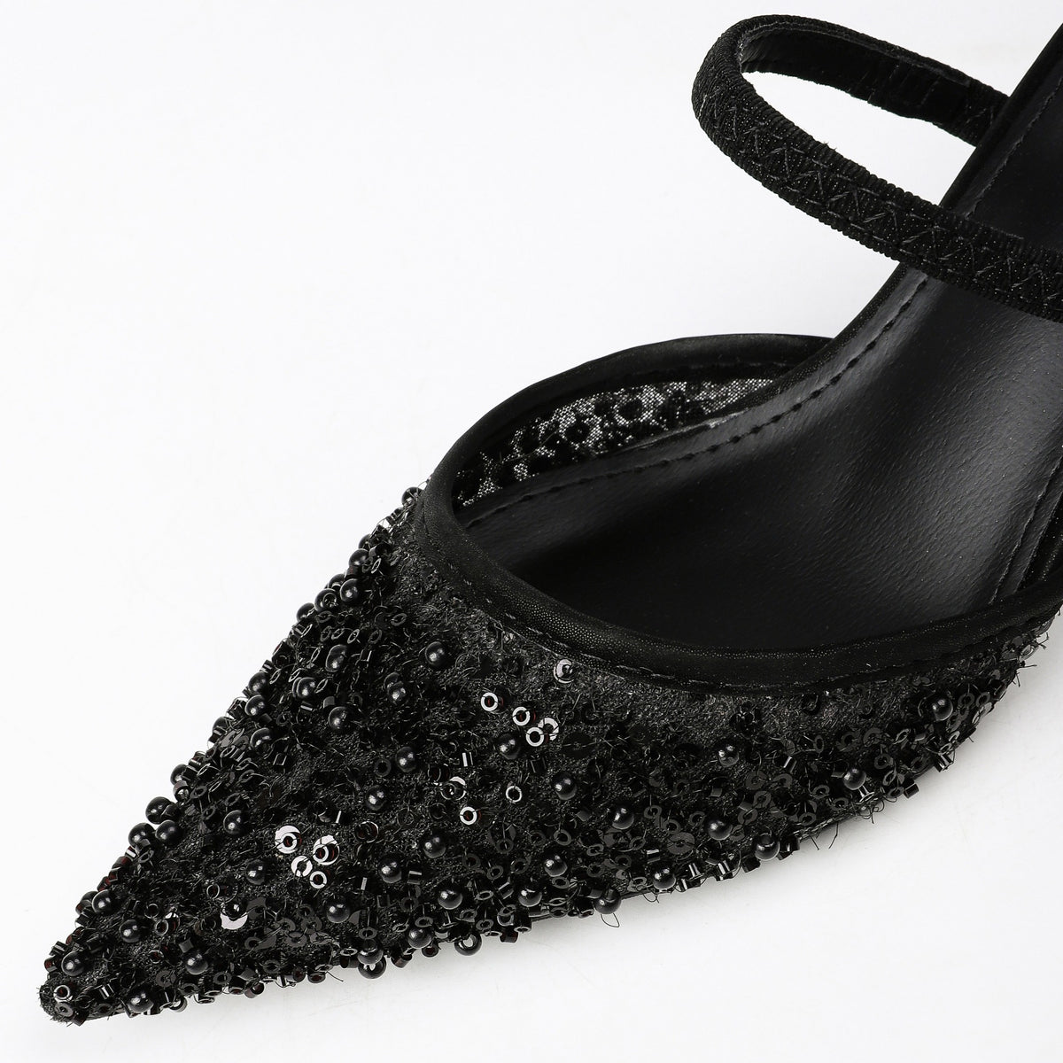 Pointed-Toe Beaded Mesh Strap Heeled Mules