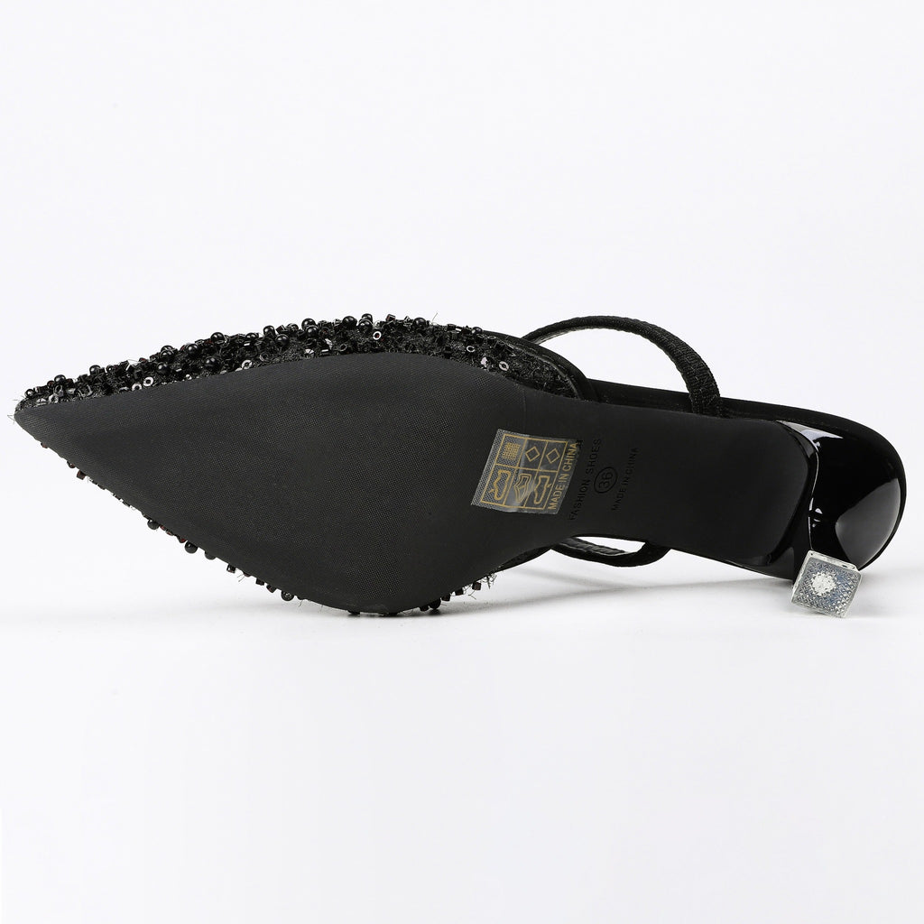 Pointed-Toe Beaded Mesh Strap Heeled Mules