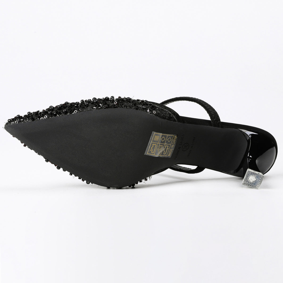 Pointed-Toe Beaded Mesh Strap Heeled Mules