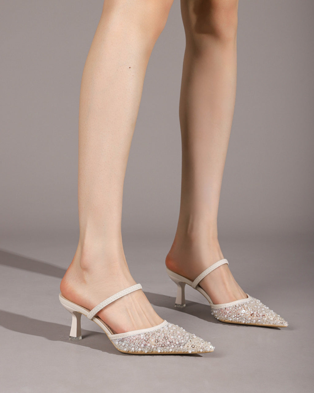 Pointed-Toe Beaded Mesh Strap Heeled Mules