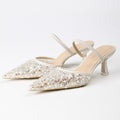Pointed-Toe Beaded Mesh Strap Heeled Mules