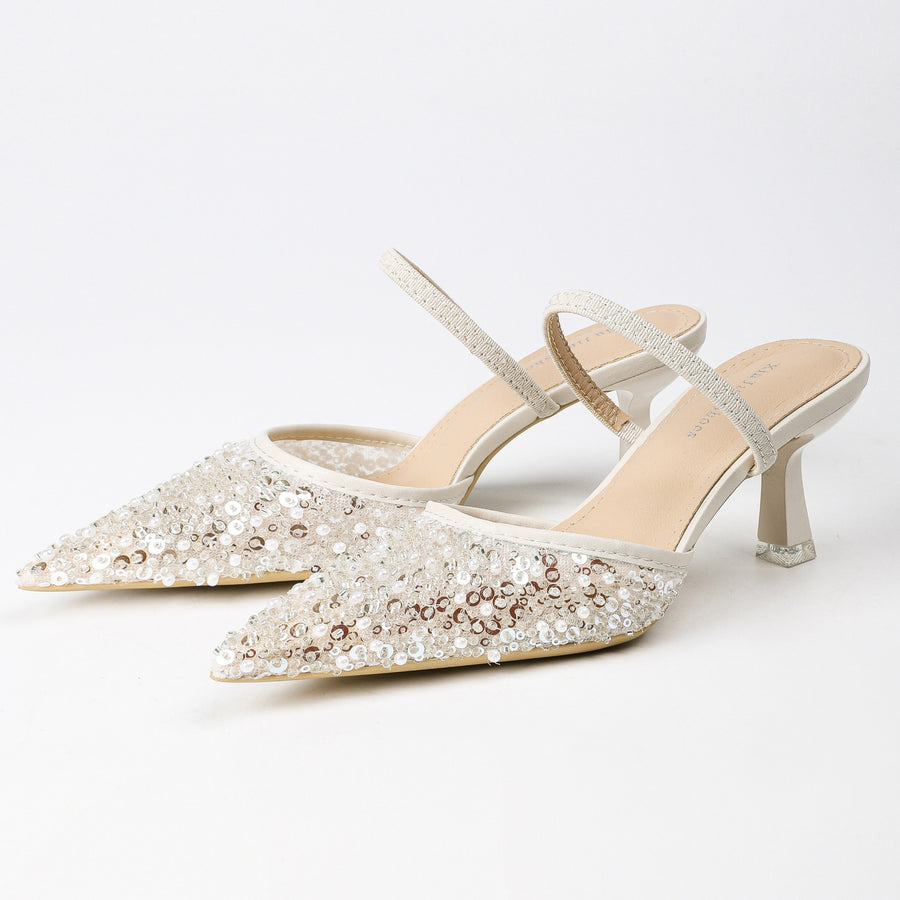 Pointed-Toe Beaded Mesh Strap Heeled Mules