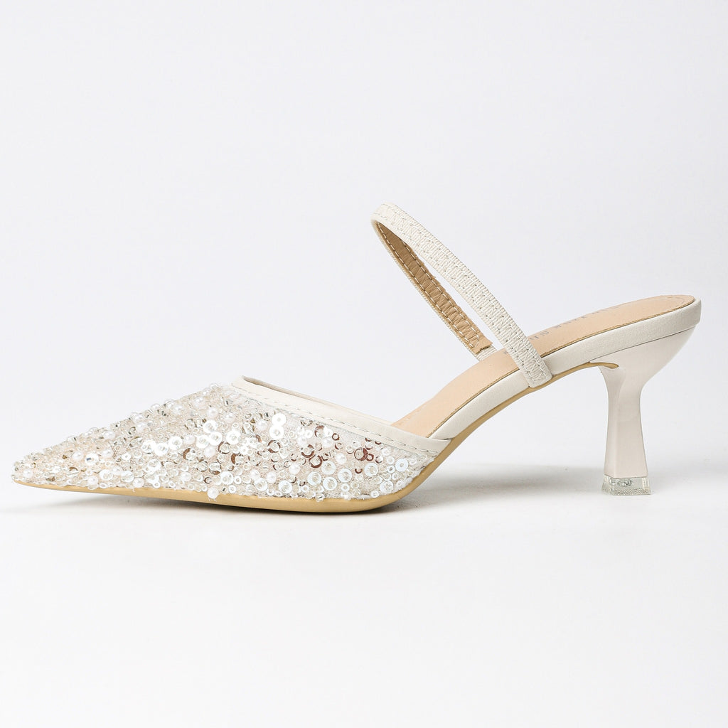 Pointed-Toe Beaded Mesh Strap Heeled Mules