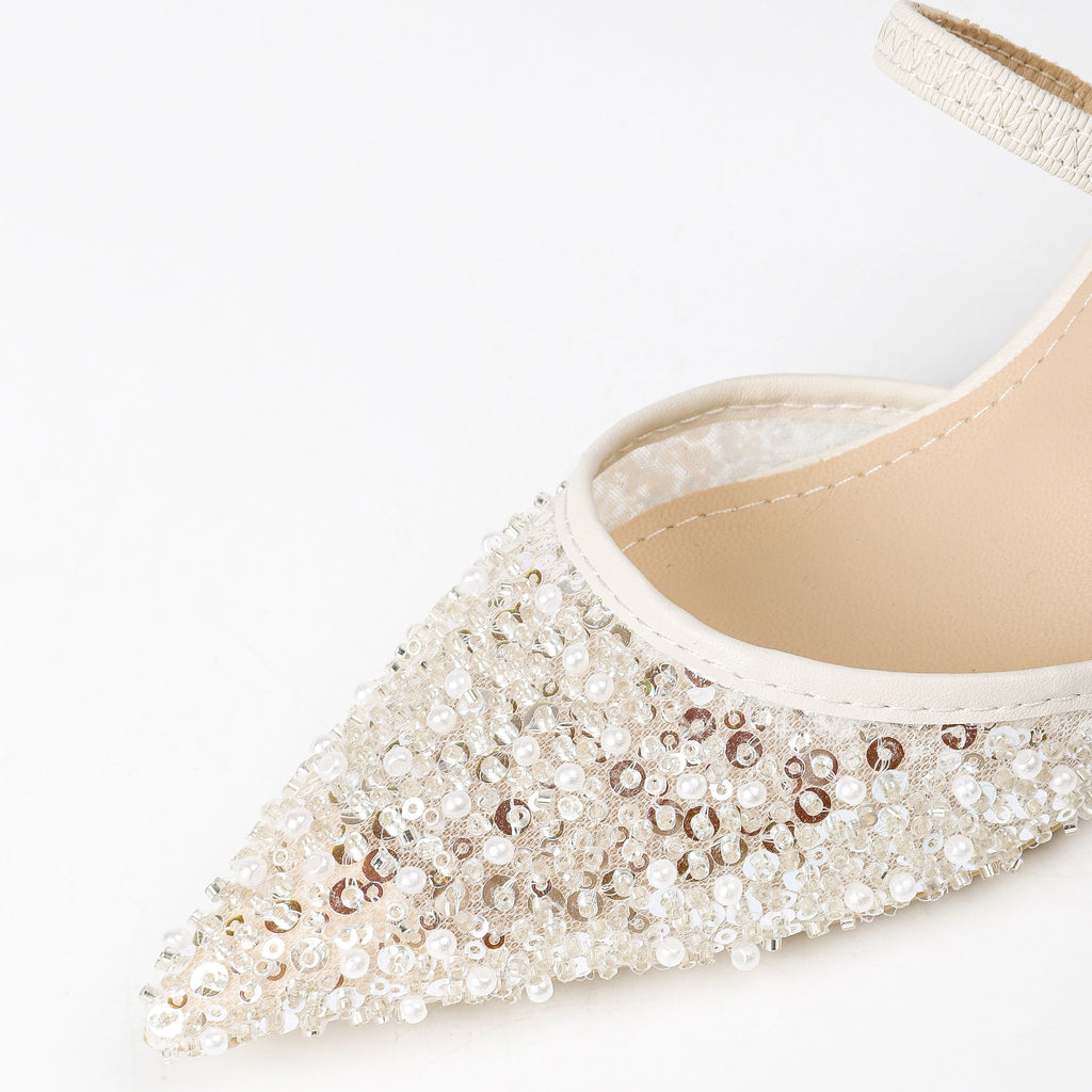 Pointed-Toe Beaded Mesh Strap Heeled Mules