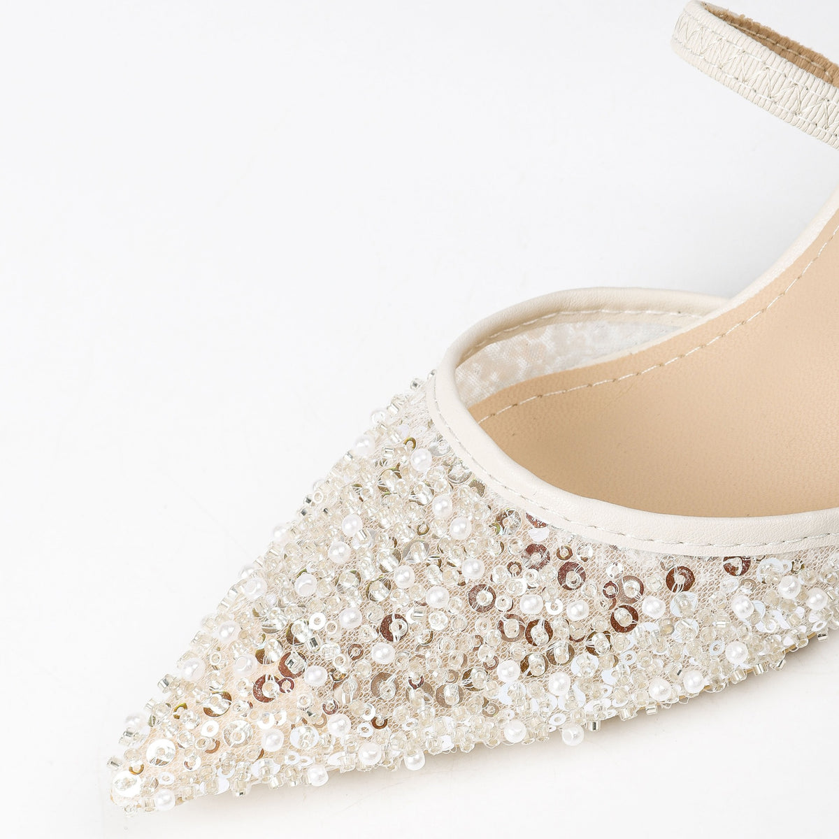 Pointed-Toe Beaded Mesh Strap Heeled Mules