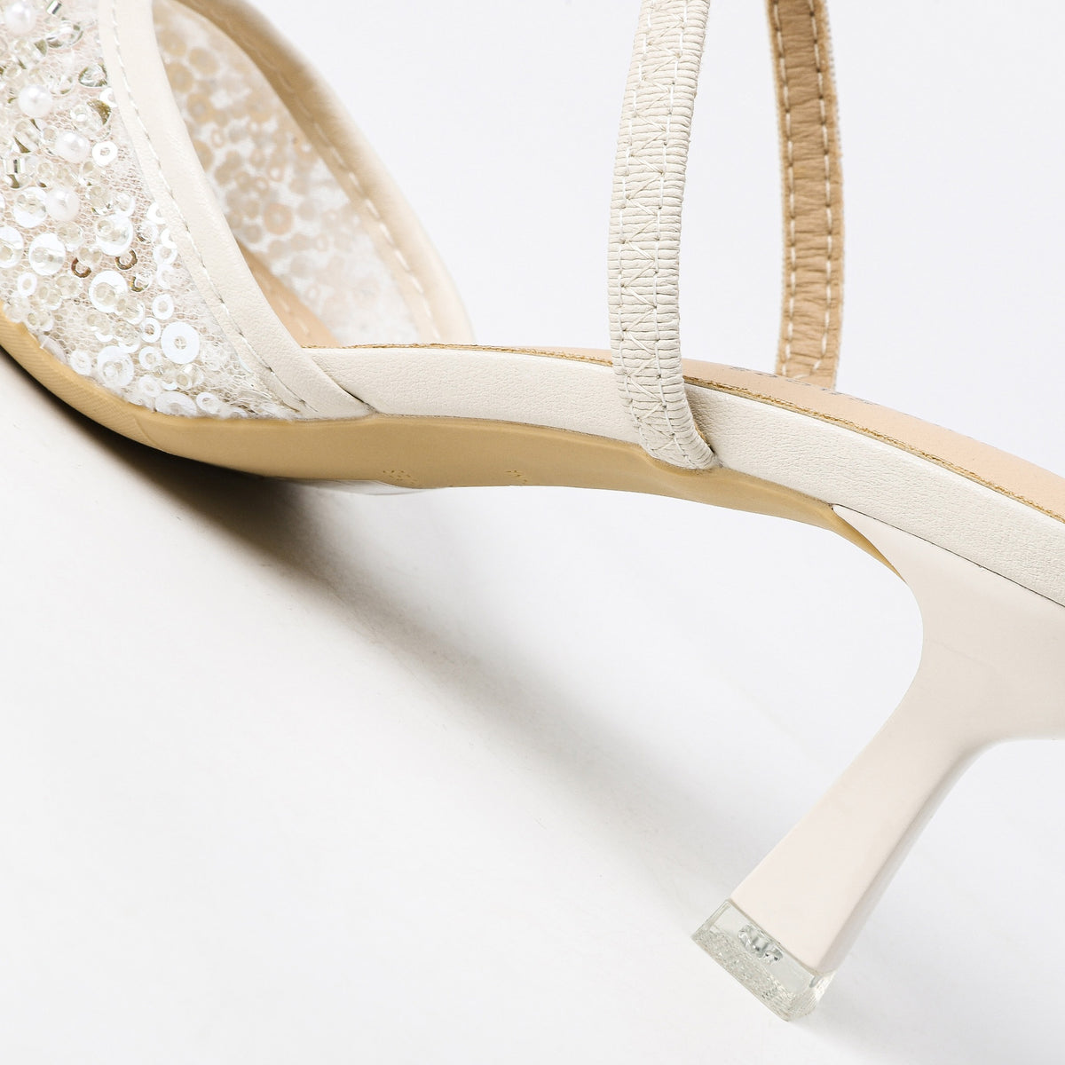 Pointed-Toe Beaded Mesh Strap Heeled Mules