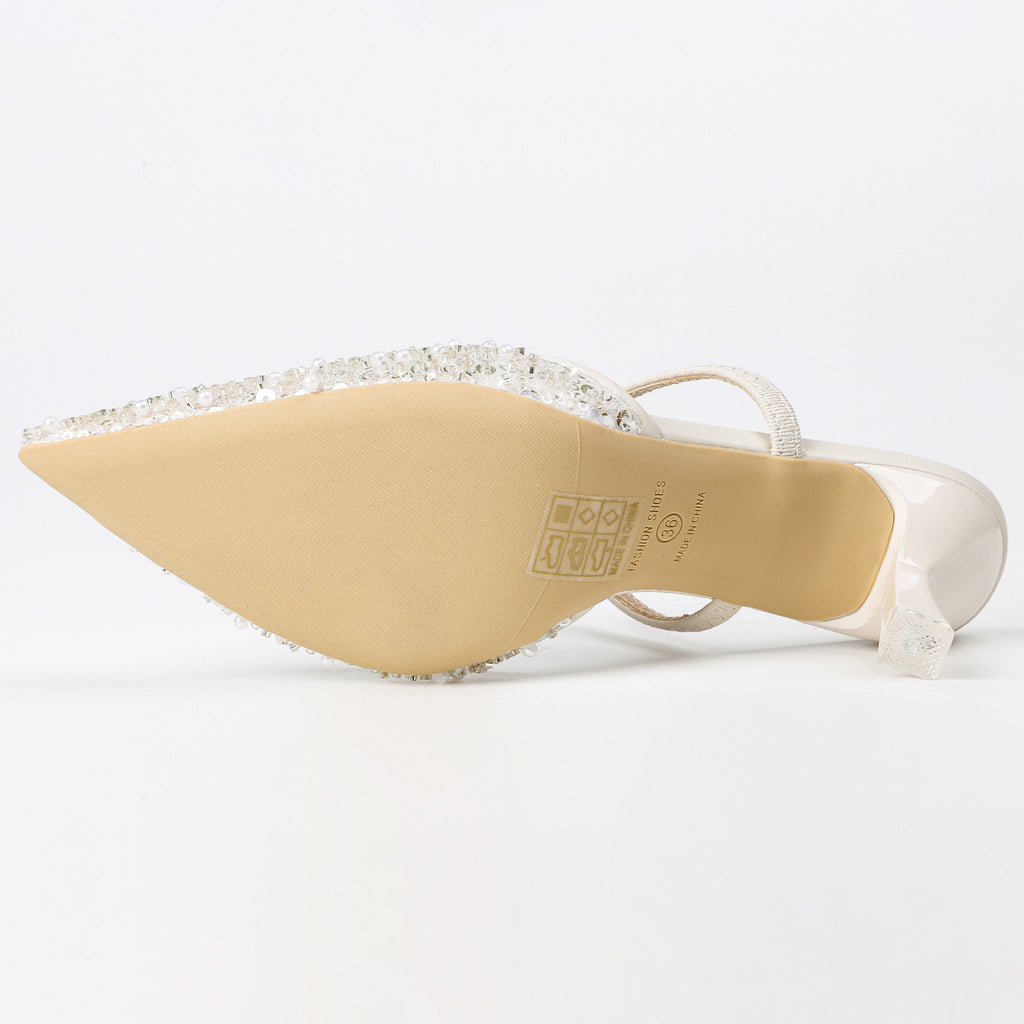 Pointed-Toe Beaded Mesh Strap Heeled Mules