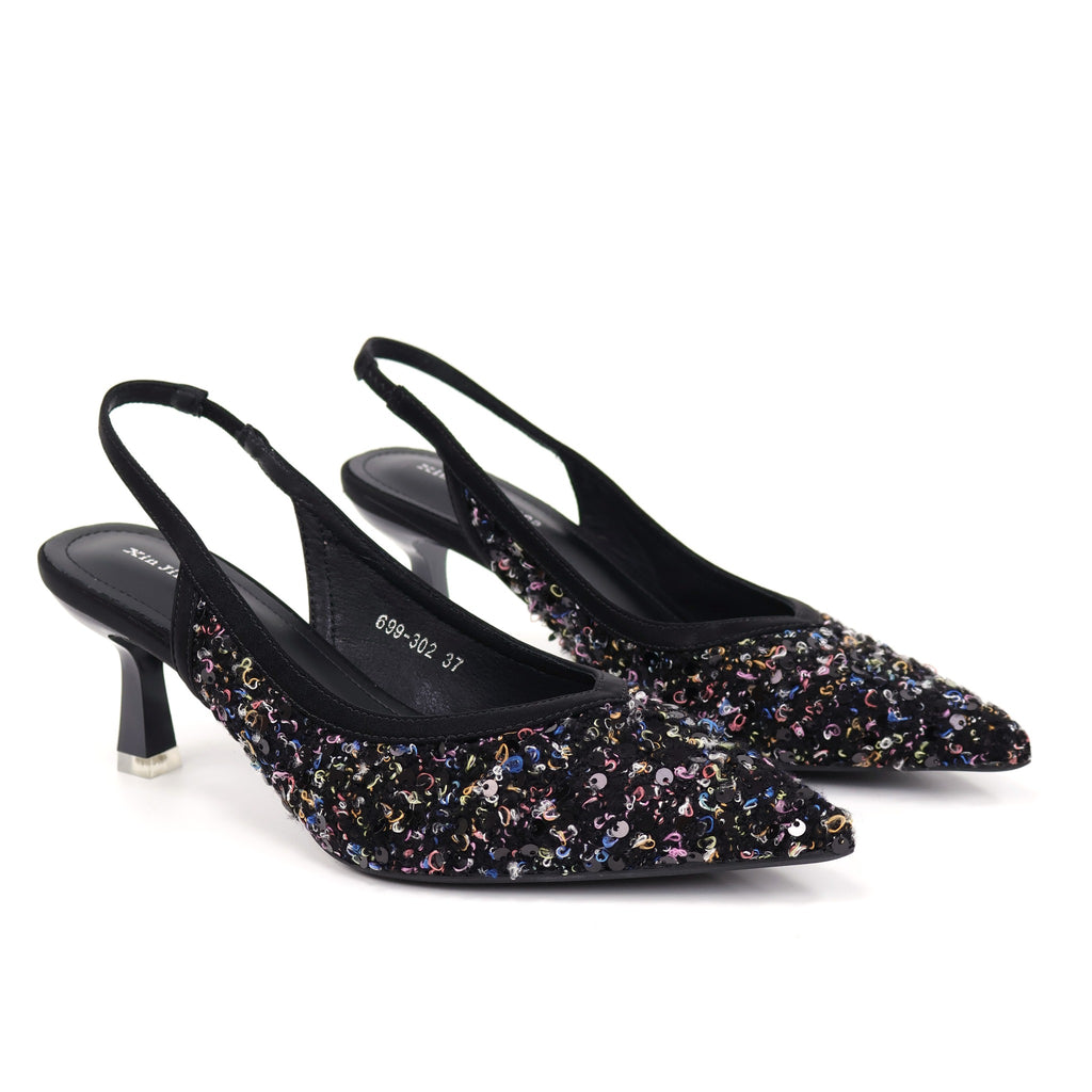 Black pointed-toe sequin fabric slingback pumps