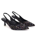 Black pointed-toe sequin fabric slingback pumps