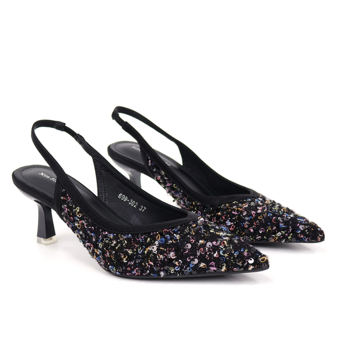Black pointed-toe sequin fabric slingback pumps