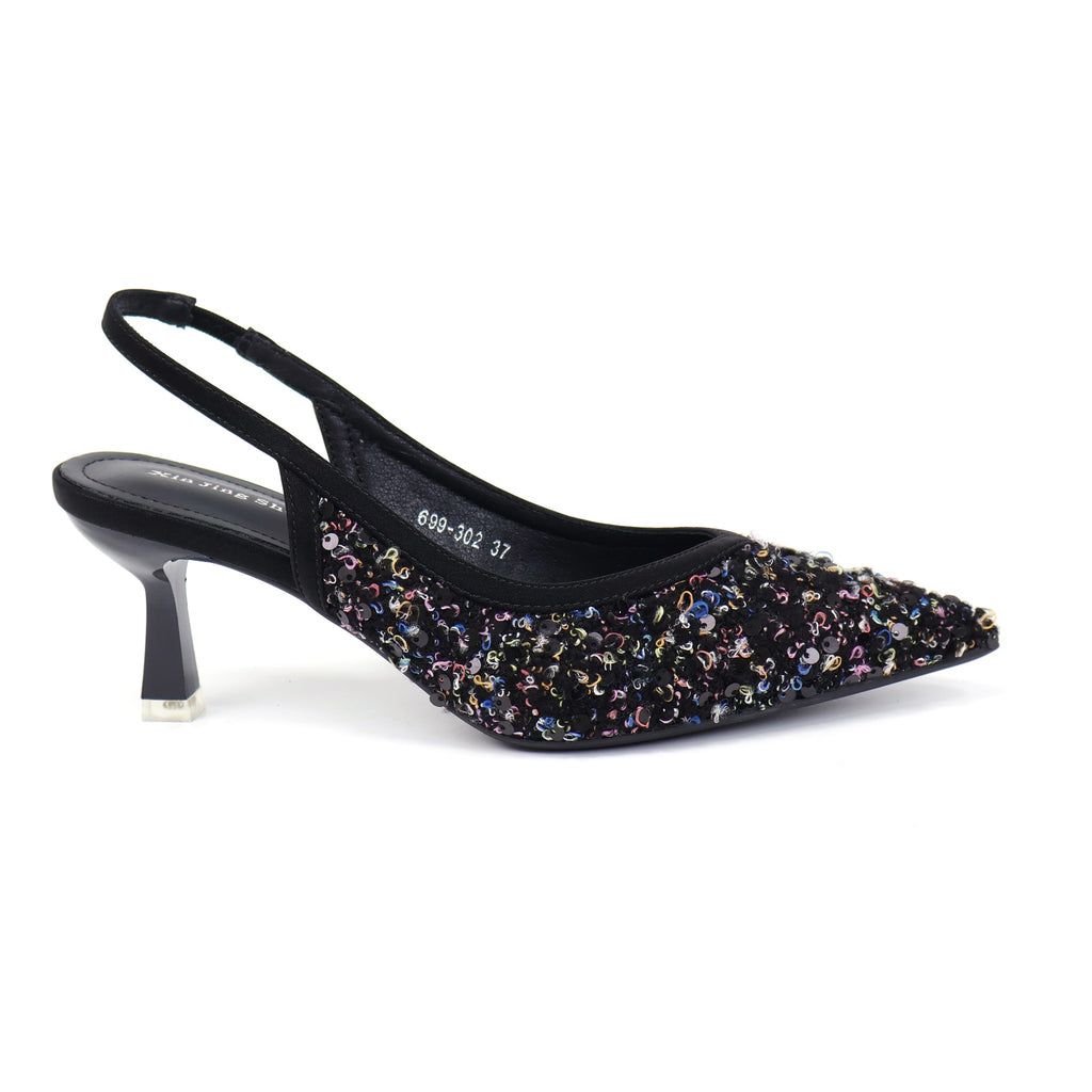 Black pointed-toe sequin fabric slingback pumps