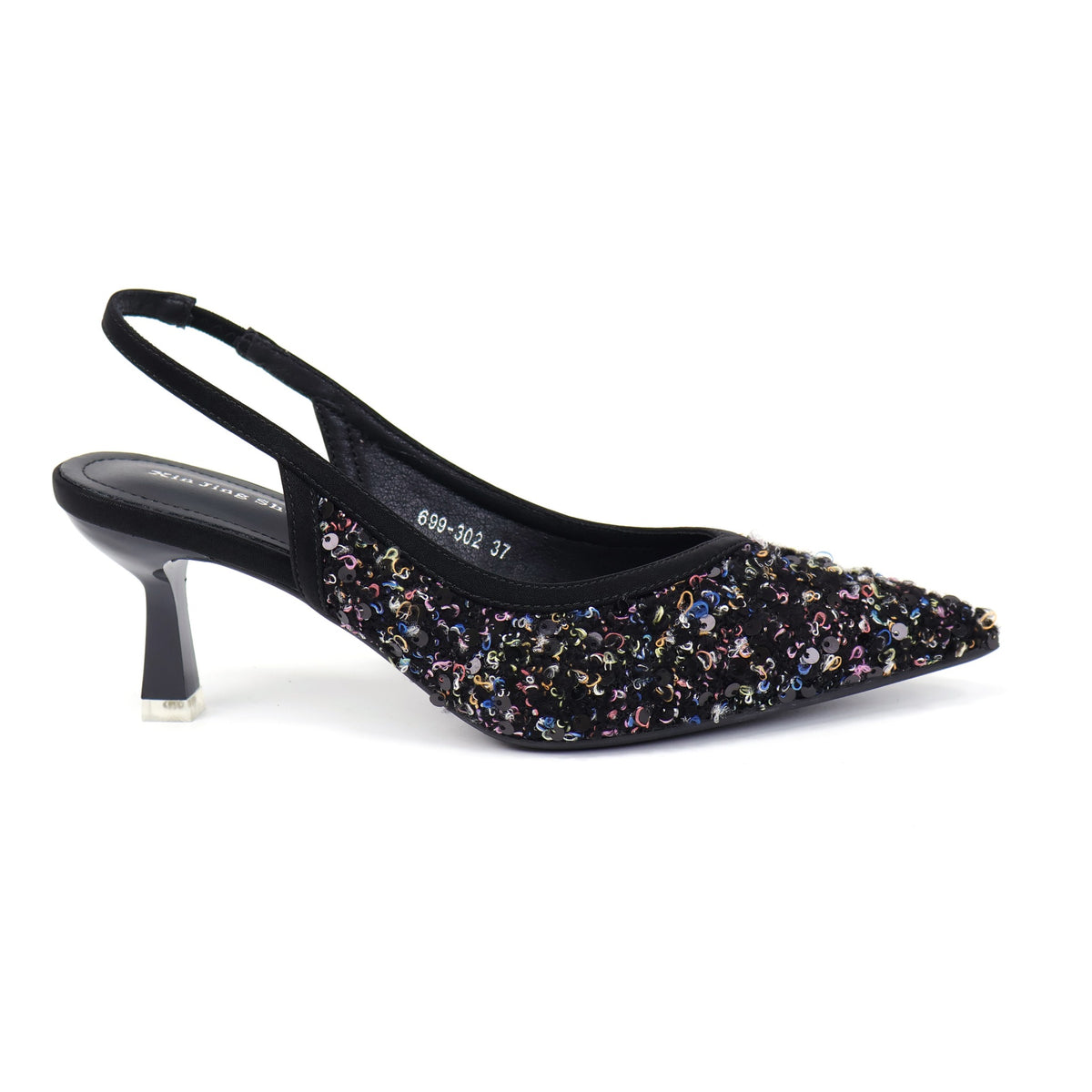 Black pointed-toe sequin fabric slingback pumps