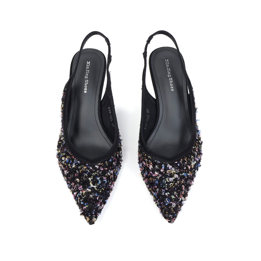 Black pointed-toe sequin fabric slingback pumps