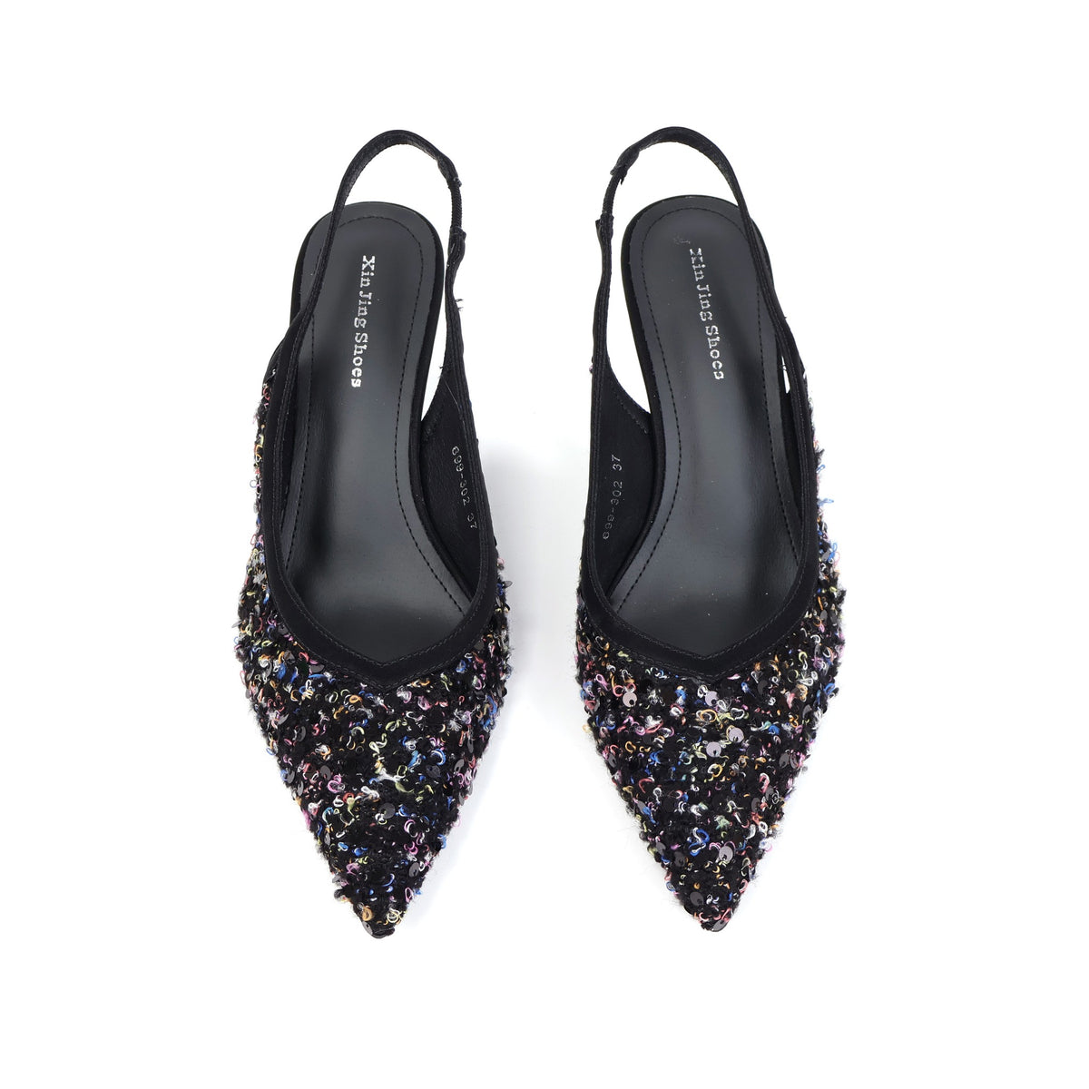Black pointed-toe sequin fabric slingback pumps