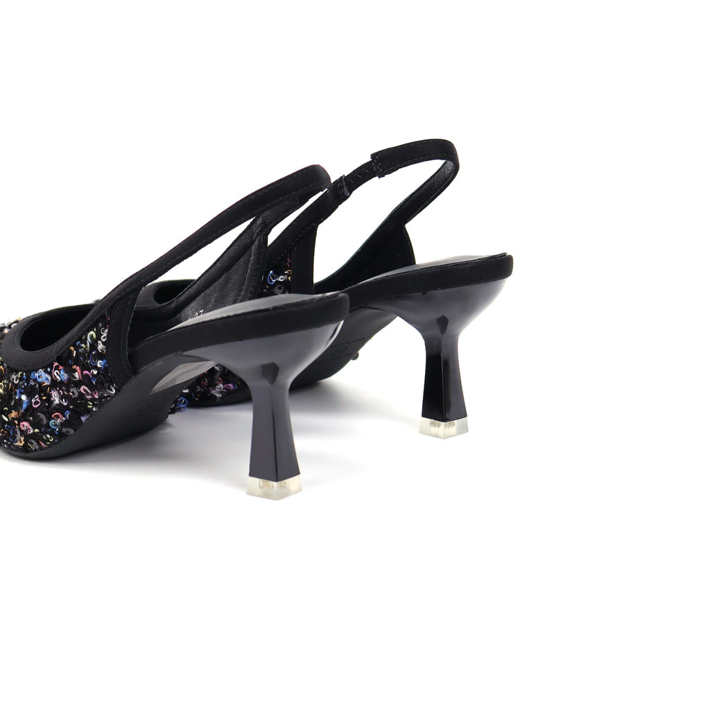 Black pointed-toe sequin fabric slingback pumps