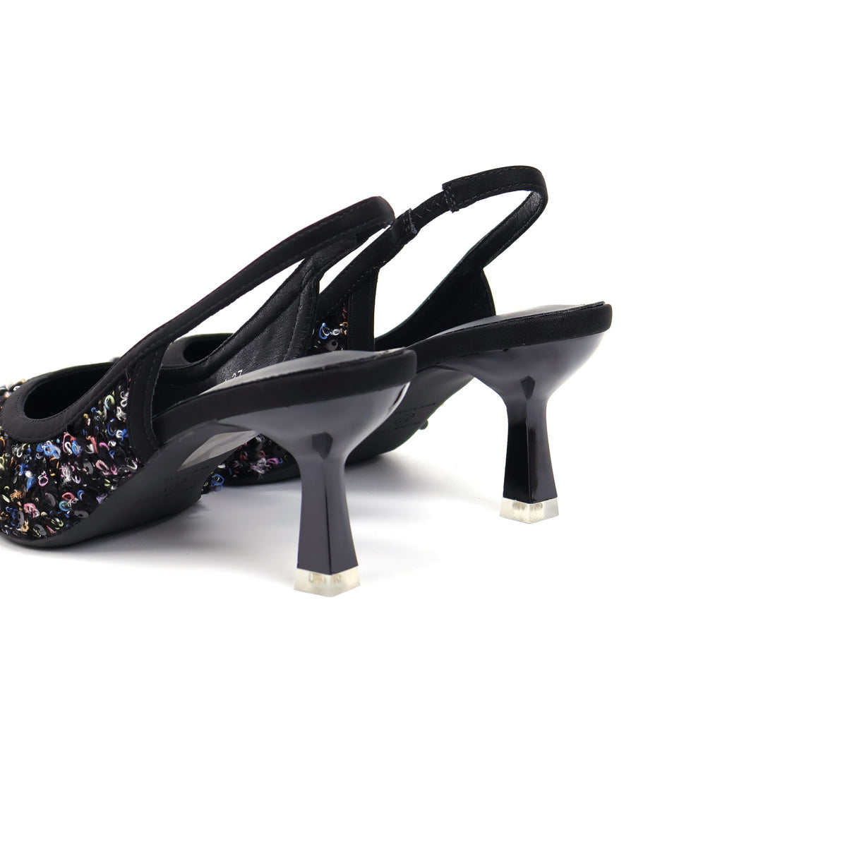 Black pointed-toe sequin fabric slingback pumps