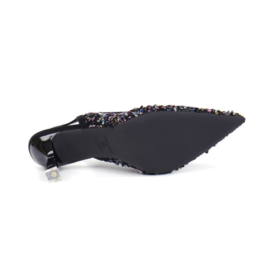 Black pointed-toe sequin fabric slingback pumps