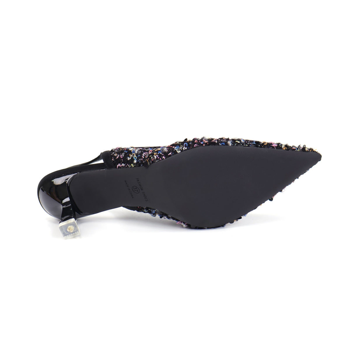 Black pointed-toe sequin fabric slingback pumps