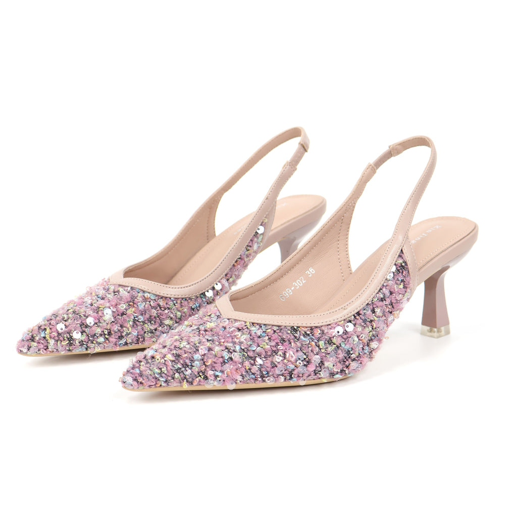 Pink pointed-toe sequin fabric slingback pumps