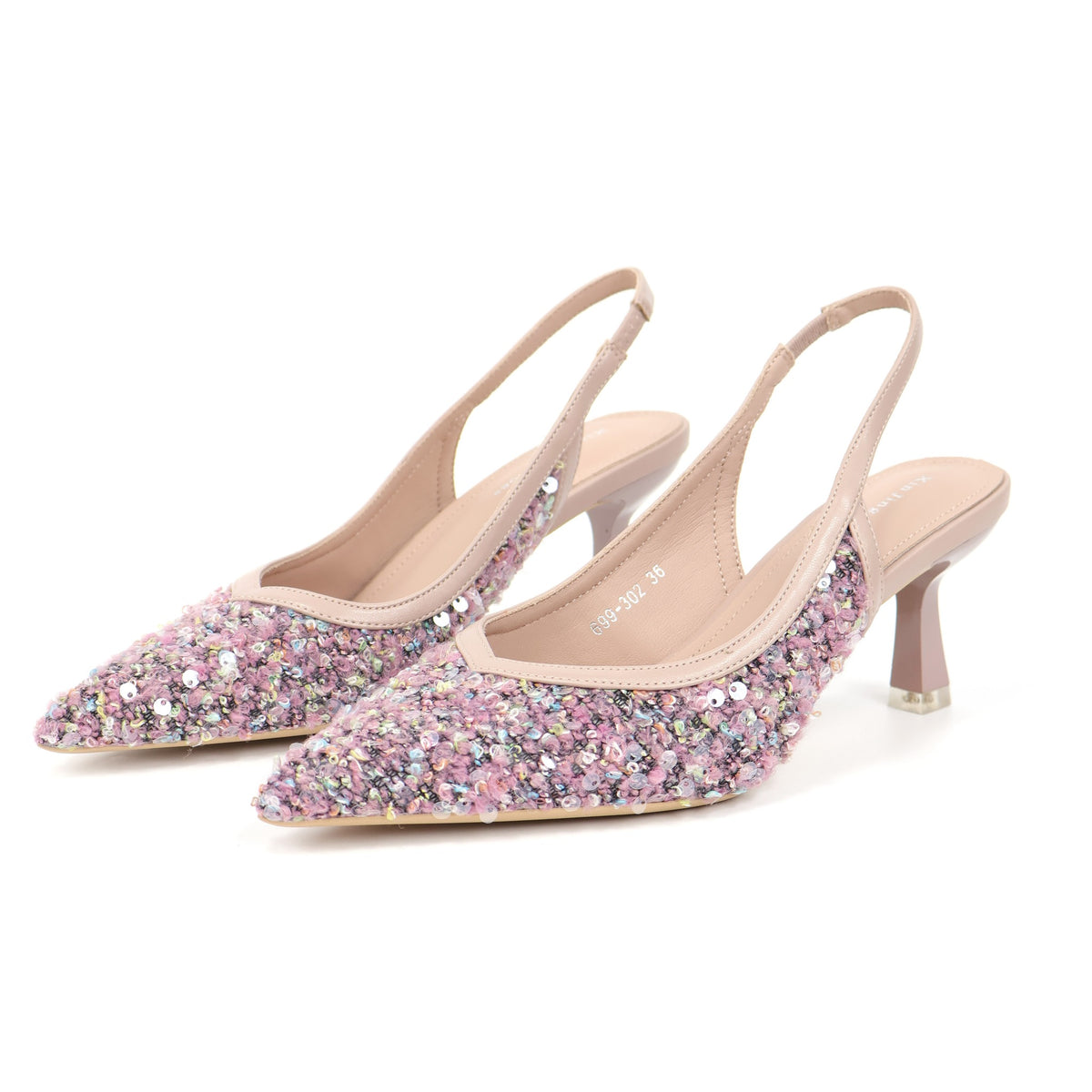 Pink pointed-toe sequin fabric slingback pumps
