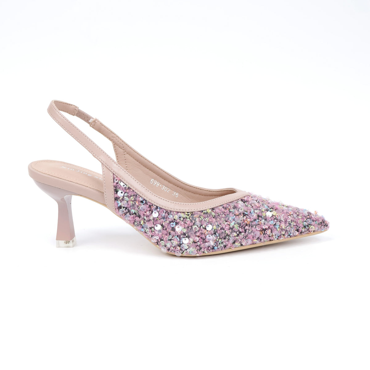 Pink pointed-toe sequin fabric slingback pumps