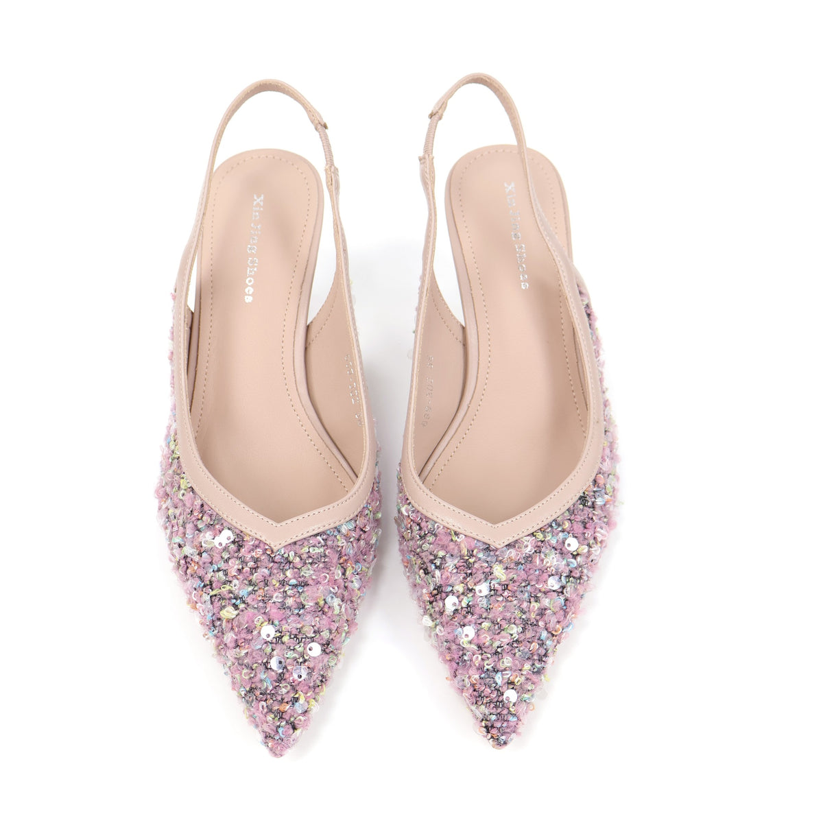 Pink pointed-toe sequin fabric slingback pumps