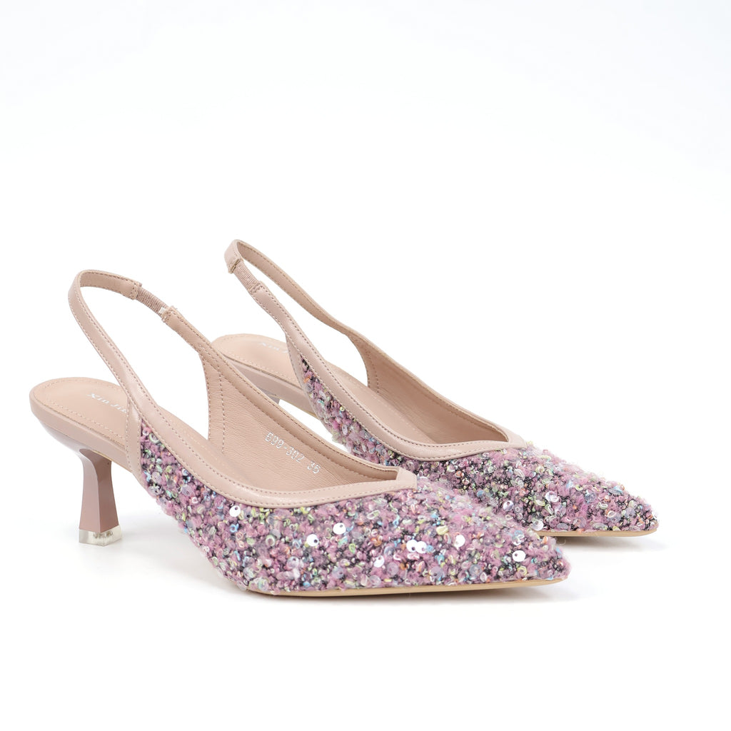 Pink pointed-toe sequin fabric slingback pumps