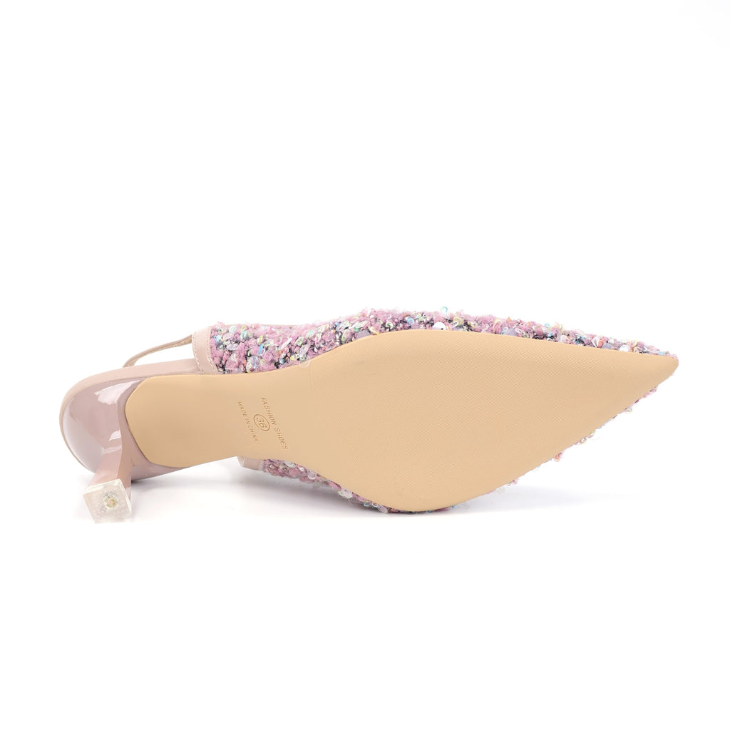 Pink pointed-toe sequin fabric slingback pumps