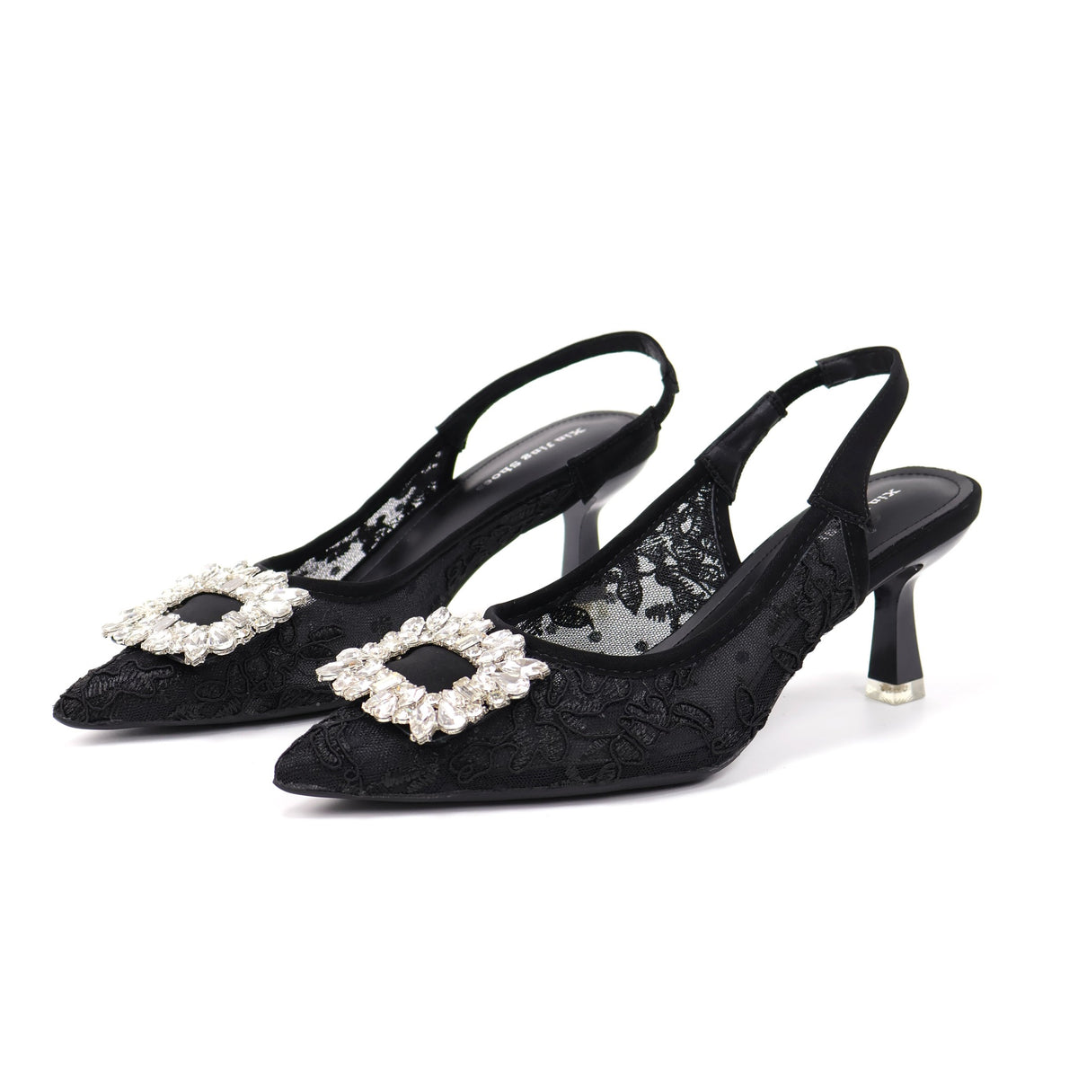 699-303 Black pointed-toe lace slingback heels