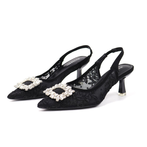 699-303 Black pointed-toe lace slingback heels