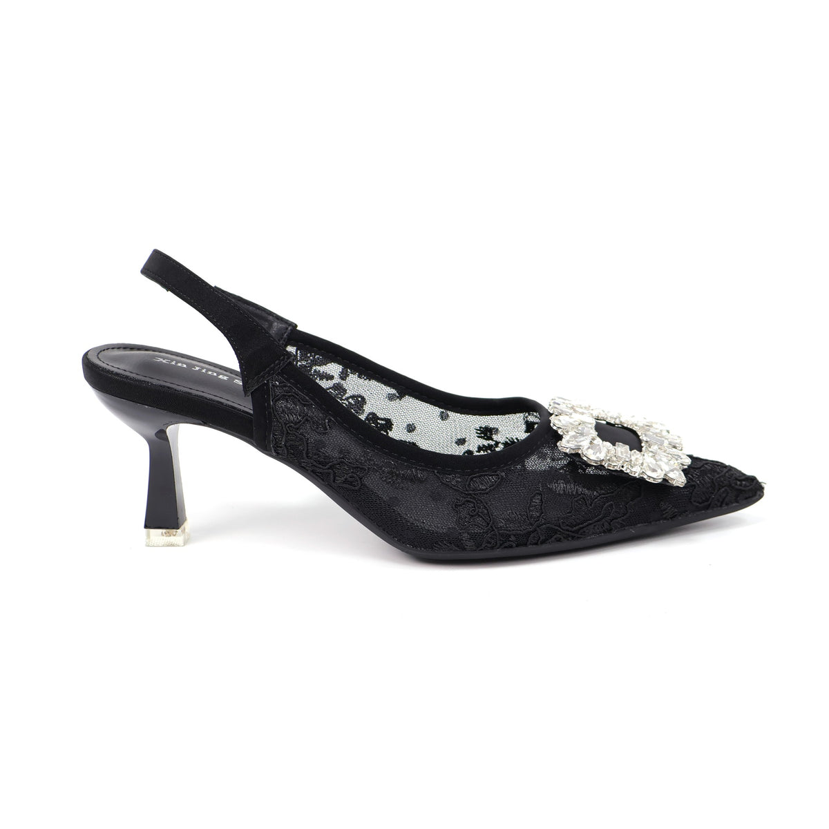 699-303 Black pointed-toe lace slingback heels