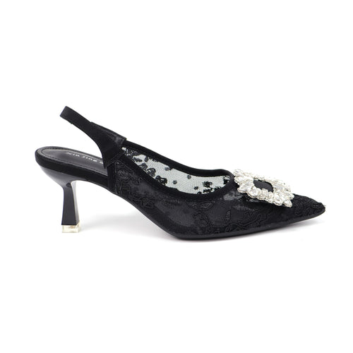 699-303 Black pointed-toe lace slingback heels
