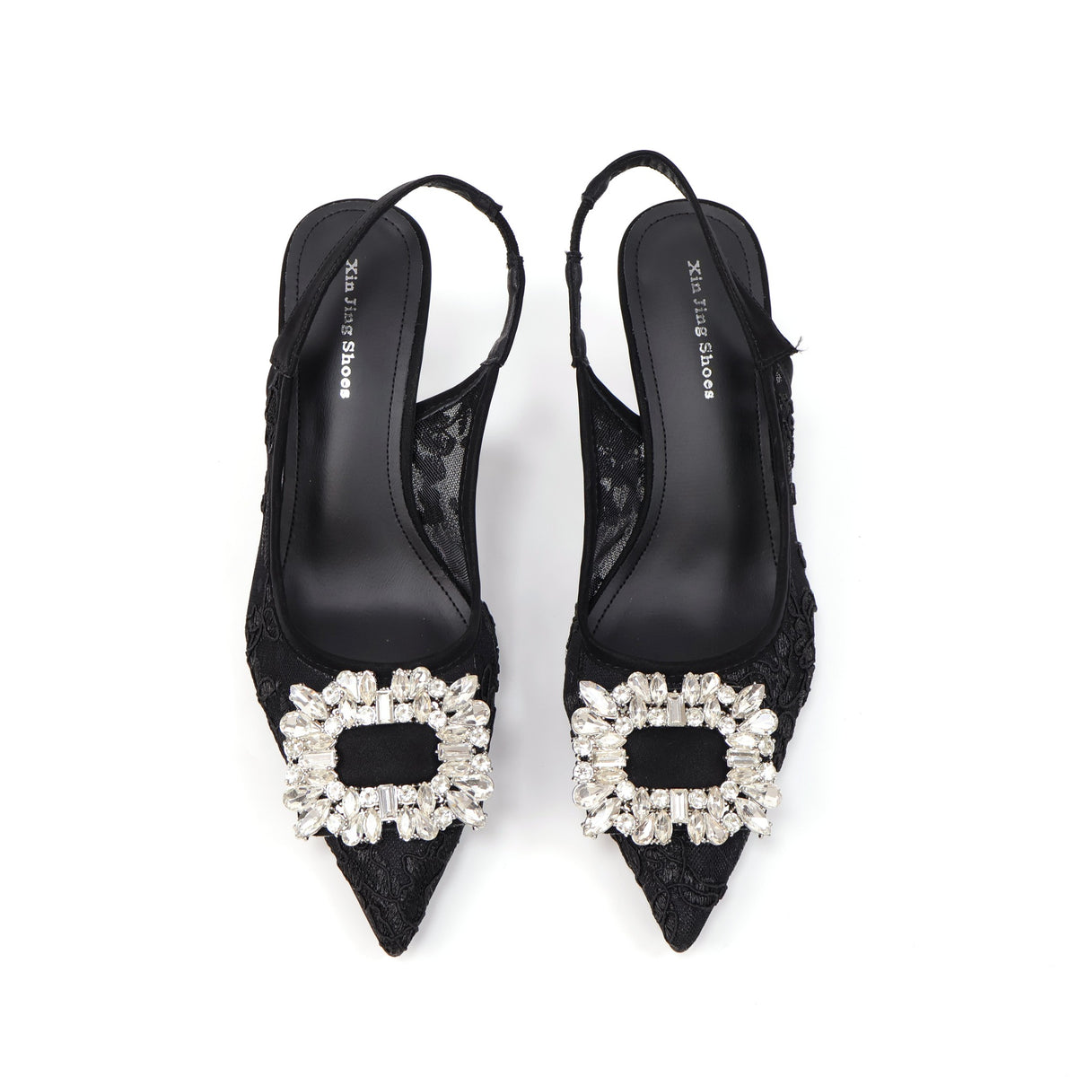 699-303 Black pointed-toe lace slingback heels