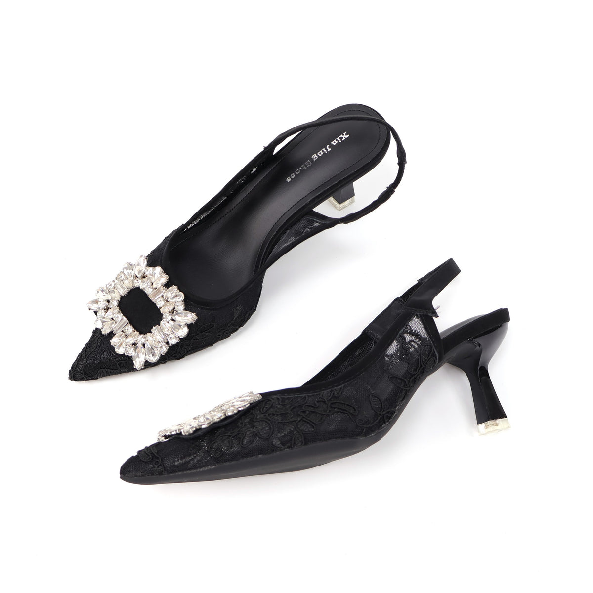 699-303 Black pointed-toe lace slingback heels