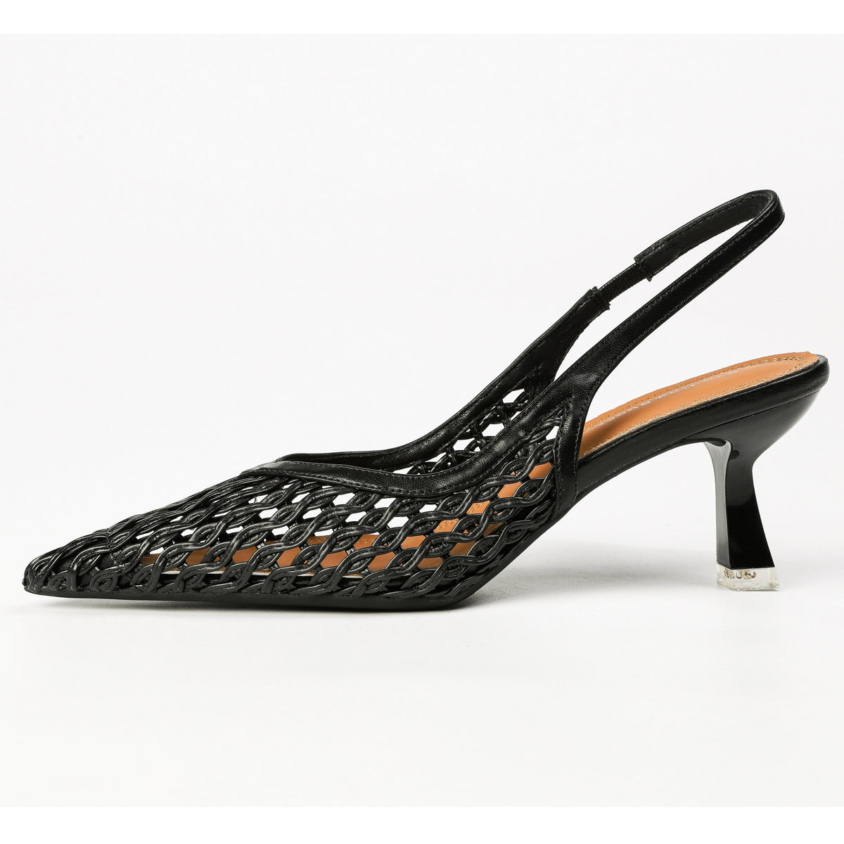 Black pointed-toe woven slingback heels side profile