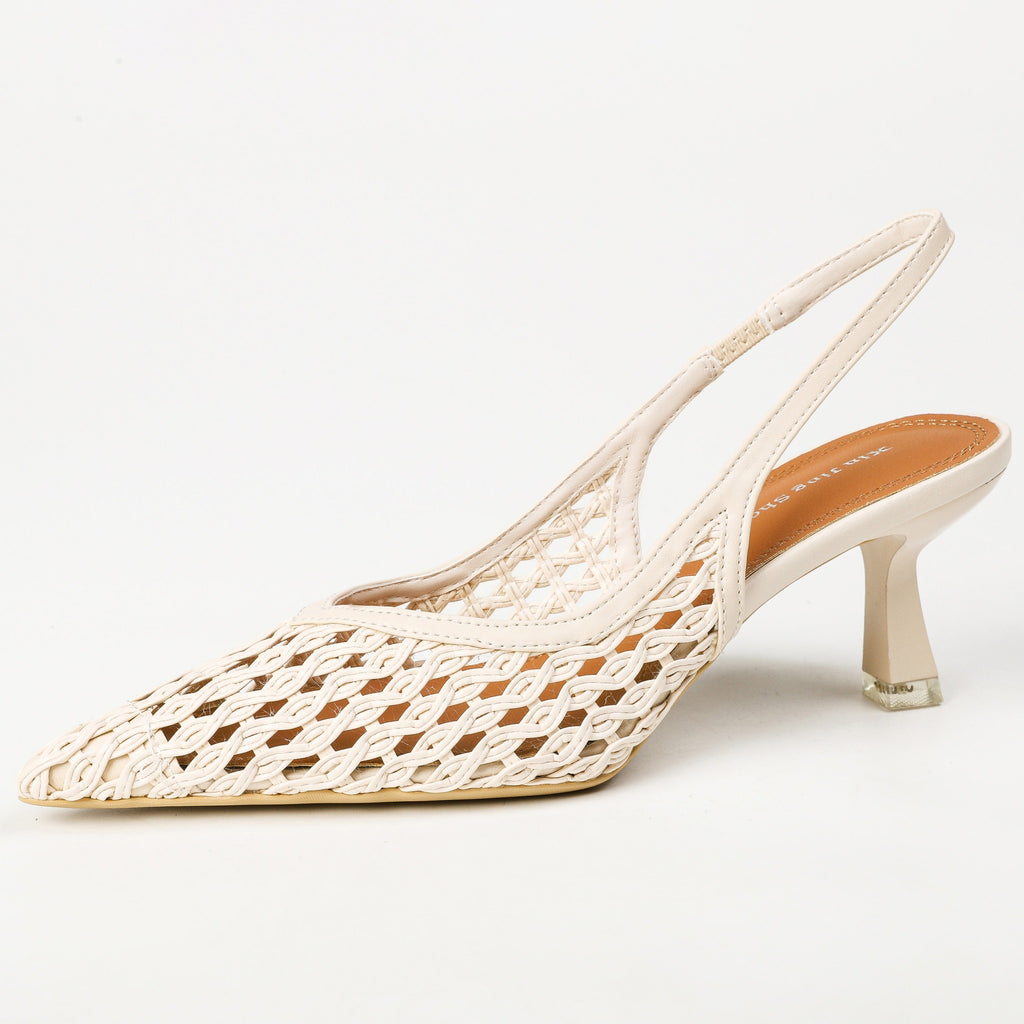 Off-white woven slingback heel side profile