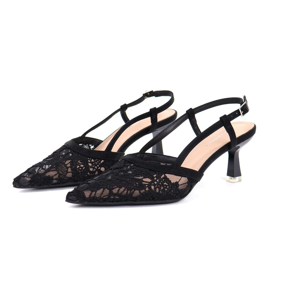 Black pointed-toe lace slingback heels pair front angle