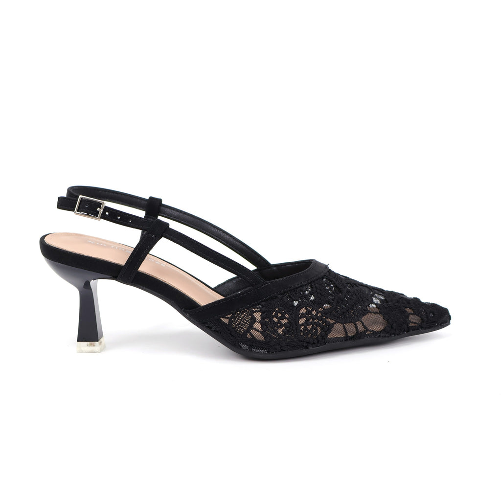 Black pointed-toe lace slingback heel side profile