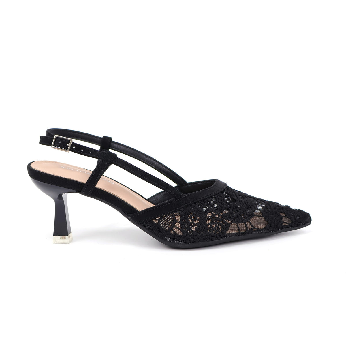 Black pointed-toe lace slingback heel side profile