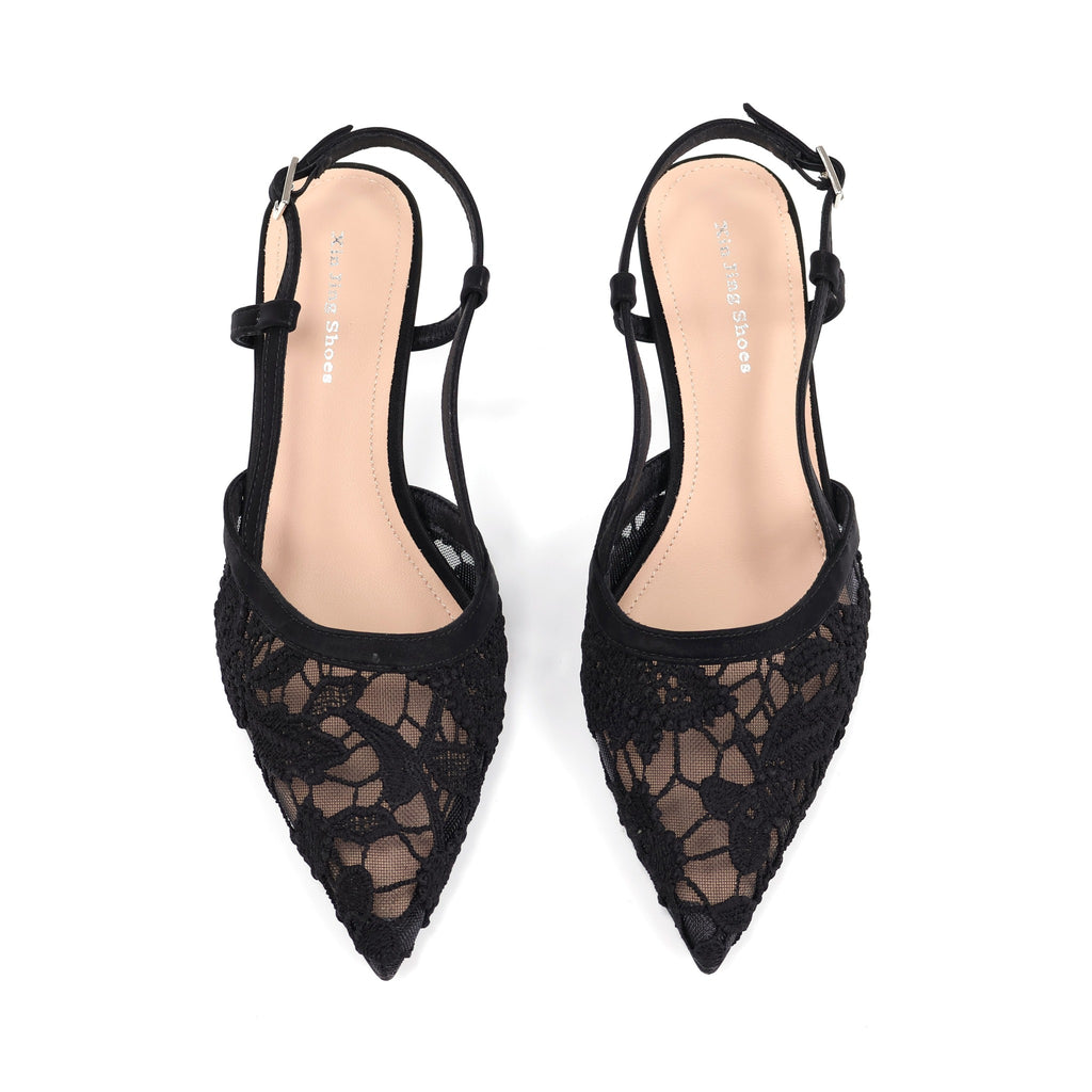 Black lace slingback heels top view