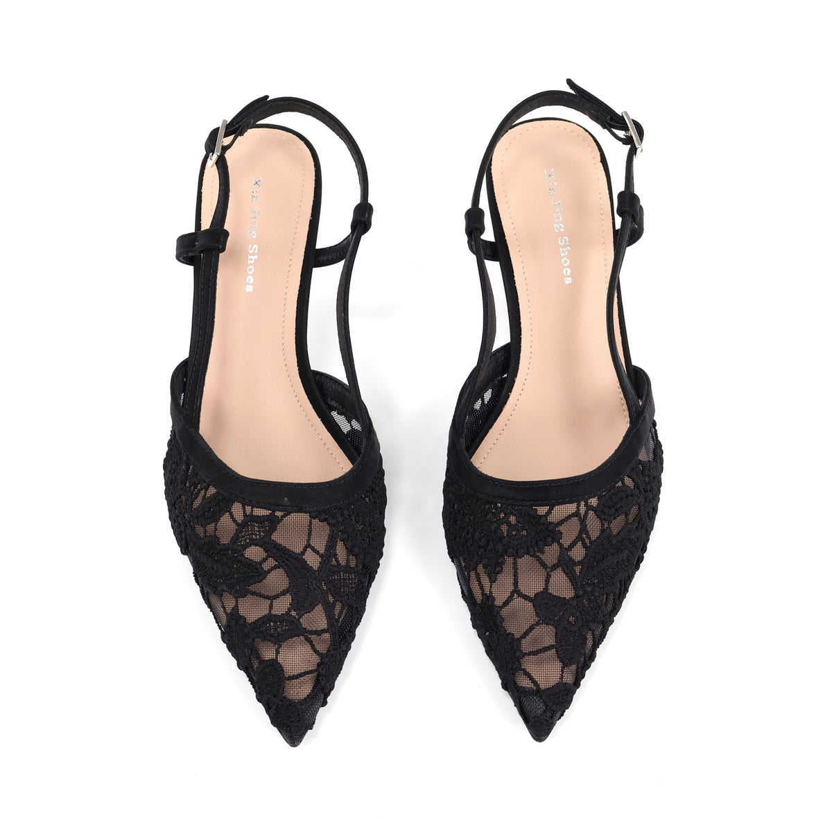 Black lace slingback heels top view